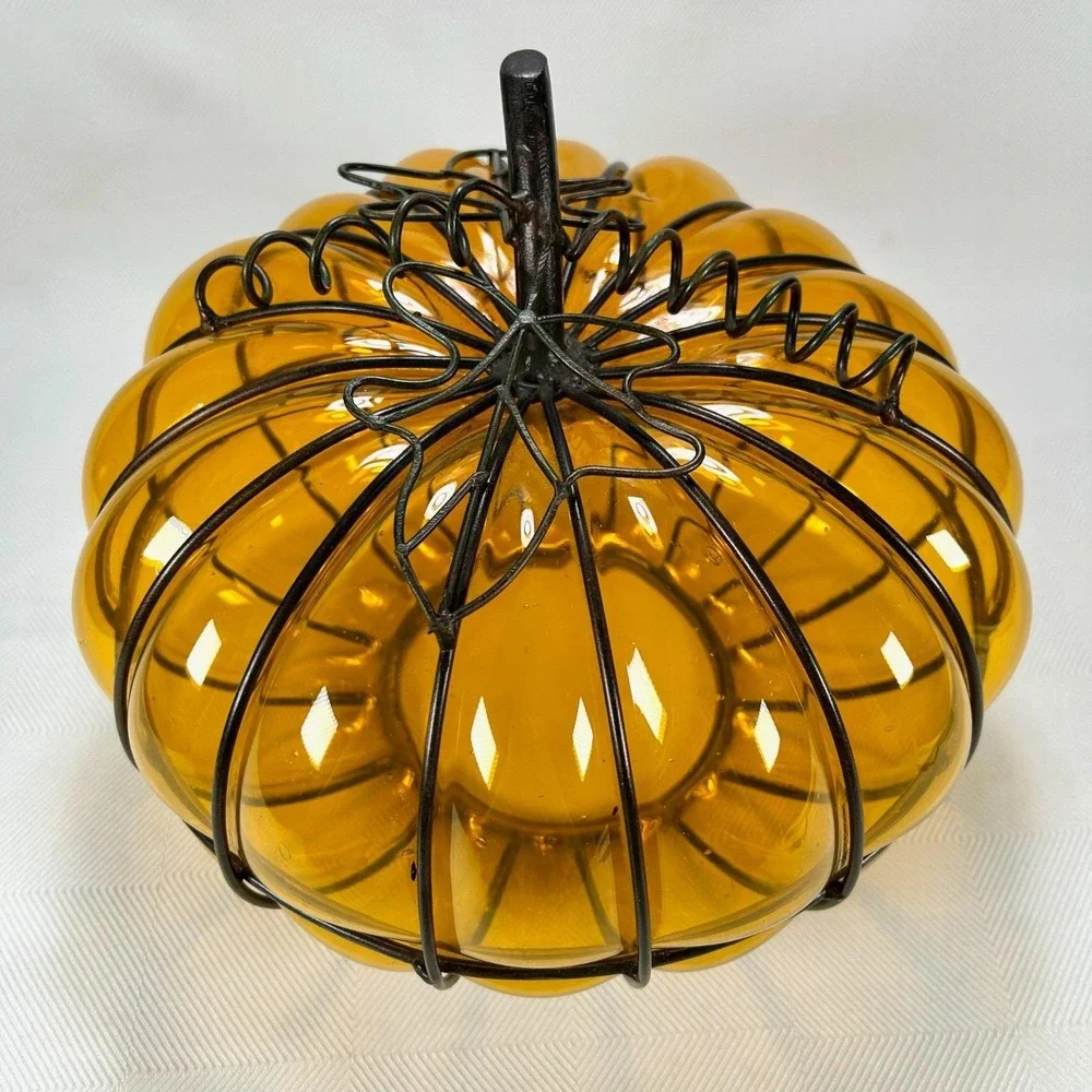 Hand-Blown Amber Glass Metal Caged Pumpkin Decor/Shade/Candle Lantern Halloween